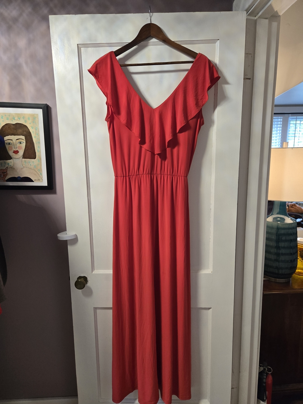 Women’s Ruffle V-Neck Maxi Dress - Red Orange